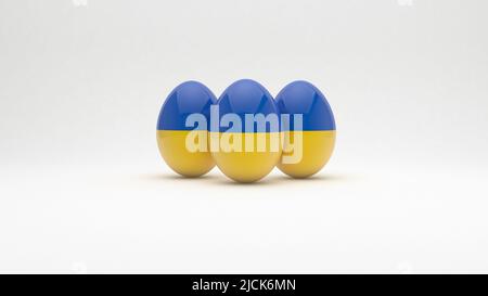 Tre uova su sfondo bianco per la festa di Pasqua nei colori della bandiera nazionale di Ucraina 3D rendering Foto Stock