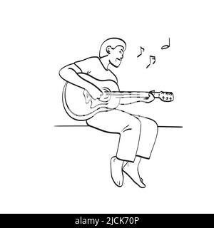 intera lunghezza di chitarrista maschile seduto e suonare chitarra acustica illustrazione vettore disegnato a mano isolato su sfondo bianco linea art. Illustrazione Vettoriale