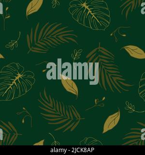 Pattern vettoriale senza giunture con foglie tropicali su sfondo verde scuro. Semplice moody Jungle carta da parati design. Tessuto decorativo floreale di moda. Illustrazione Vettoriale