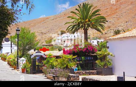 Bella città rurale in arido paesaggio secco, palme, ristorante edificio, fiori, sfondo rosso collina - Betancuria, Fuerteventura Foto Stock