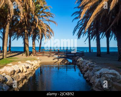 Ponte di legno tra palme di fronte alla spiaggia di Torremolinos Foto Stock