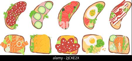 Panini freschi. Sandwich verde con pomodoro e uova, vista dall'alto, pane tostato sano con pane, formaggio, salsiccia e verdure. Snack fresco cibo decente kit vettoriale Illustrazione Vettoriale