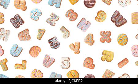 Cartoon biscuit lettere senza cuciture pattern. Lettere e numeri glassati, dolci elementi da forno, ciambelle e biscotti. Sfondo vettoriale dessert Illustrazione Vettoriale