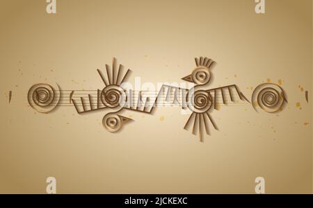 Coppia di uccelli cornice Aztec segno isolato antica religione simbolo. Vector Maya fantastica icona d'oro animale. Totem di cultura americana, logo etnico tribale Illustrazione Vettoriale