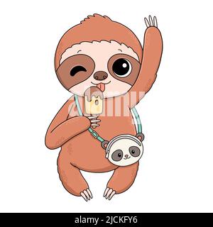 Sloth con gelato, panda borsa carino illustrazione Foto Stock