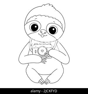 Cute baby sloth con fotocamera estate colorazione pagina Foto Stock