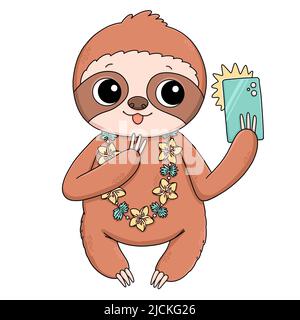 Carino sloth con fiori e illustrazione del telefono Foto Stock