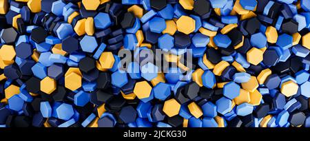 Sfondo esagonale nei colori blu, giallo e nero, per web e banner, rendering 3D Foto Stock