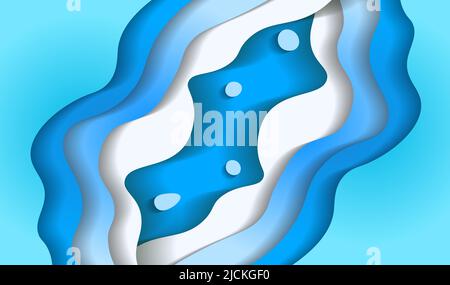 onda blu astratta bianca, motivo di taglio della carta retrò, sfondo geometrico della texture estiva, illustrazione, arte naturale Foto Stock