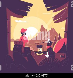 Un uomo con un cane è seduto accanto al fuoco nella foresta. Illustrazione di camping e vettore di viaggio. Splendido paesaggio mattutino all'alba. Illustrazione Vettoriale
