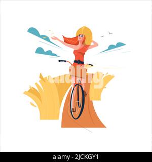 Una donna corre una bicicletta sullo sfondo di un bellissimo paesaggio vettoriale illustrazione. Una ragazza felice con capelli rossi corre una bicicletta attraverso un campo di grano. Illustrazione Vettoriale