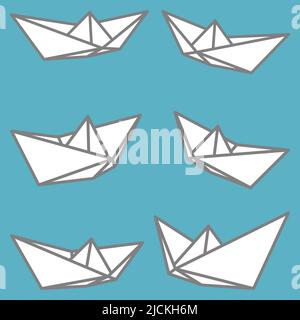 Set di illustrazioni vettoriali di icone di barche di carta. Contorno semplice barca di carta isolato su sfondo blu. Icona simbolo di viaggio e mare. Illustrazione Vettoriale