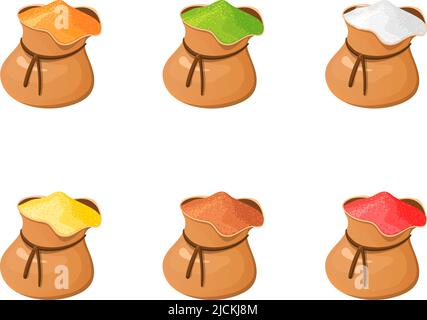 Sack spezie indiane. Cartoon sacchi in polvere provenienti dall'india, sacchetto curcuma o coriandolo, salmastre condimenti per la cottura, sale zucchero cacao pepe paprika, illustrazione vettoriale dell'ingrediente speziato Illustrazione Vettoriale