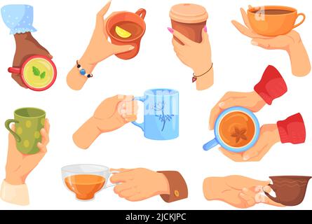 Mani che tengono tazze diverse. Molte bevande a mano, braccio tenere la tazza di cartone o caffè caldo tè nero zucchero cacao tazza diversa tazza cacao limone colazione ciotola, pulito vettore illustrazione Illustrazione Vettoriale