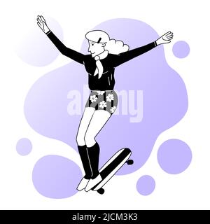 Skateboard adolescente ragazza in bianco e nero Illustrazione Vettoriale