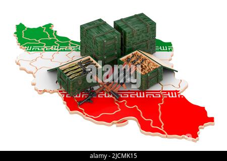 Mappa iraniana con armi. Forniture militari in Iran, concetto. 3D rendering isolato su sfondo bianco Foto Stock