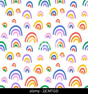 Motivo alla moda senza cuciture con arcobaleno colorato su sfondo bianco. Sfondo per invito, poster, carta, tessuto, tessuto, tessuto, carta da imballaggio Illustrazione Vettoriale