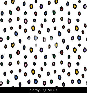 Puntini Polka in stile doodle. Macchie di colore arcobaleno su sfondo bianco. Punti casuali si abbassano. Divertente motivo senza cuciture per la stampa su tessuto e maglieria Illustrazione Vettoriale