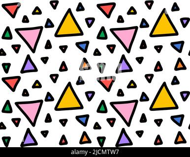 Motivo senza cuciture con triangoli color arcobaleno su sfondo bianco. Divertente illustrazione vettoriale festiva in stile fumetti e disegno a mano. Colorato Illustrazione Vettoriale