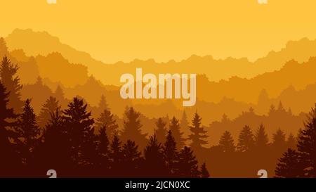 Panorama selvaggio al tramonto. Alberi di foresta, nebbia paesaggio escursionistico con effetto prospettiva aerea vettore sfondo illustrazione Illustrazione Vettoriale