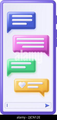 Chat mobile. Messaggi di testo fumetti sullo schermo dello smartphone, sull'app di comunicazione e sulle cornici di dialogo online sull'illustrazione vettoriale del telefono Illustrazione Vettoriale