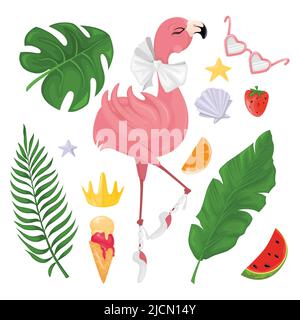 Set tropicale con graziosi fenicotteri, foglie di palma ed elementi decorativi. Stile cartoon vettoriale. Adatto per cartoline, adesivi, stampe. Illustrazione Vettoriale
