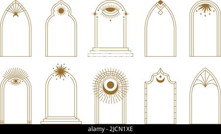 Collezione Boho Arch Frame. Cornici bohémien line art con raggi solari, tutti gli archi a occhio e luna, elementi geometrici di design semplice set vettoriale Illustrazione Vettoriale