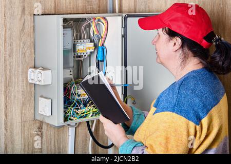 Rilevamento delle letture dal contatore elettrico da parte di elettricista femminile. Foto Stock