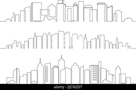 Edifici cittadini a una linea. Skyline di architettura del centro, grattacieli panoramici paesaggio urbano e linea continua urbano città vettore illustrazione set Illustrazione Vettoriale