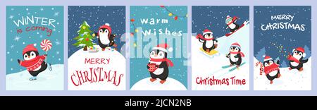 Biglietto di auguri per il pinguino di Natale. L'inverno sta venendo, i desideri caldi e le carte allegre di natale con il gioco dei pinguini cartoon vettore set Illustrazione Vettoriale