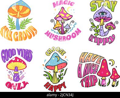 Slogan psichedelici dei funghi. Stay groovy e stampa trippy, 70s buone vibrazioni e magic viaggio funghi poster set vettoriale Illustrazione Vettoriale