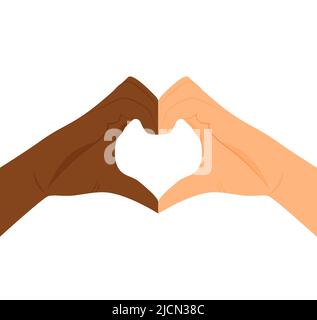 No al razzismo. Forma del cuore con le mani. Amicizia tra le persone. Arrestare la discriminazione. Pelle bianca e nera. Mani d'amore. Insieme contro il razzismo. SY Illustrazione Vettoriale