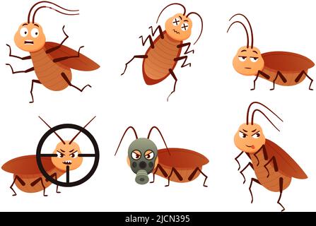 Carattere scarafaggio. Insetti di Roach, insetti controllo mascotte e castano coleotteri cartoon vettore set Illustrazione Vettoriale