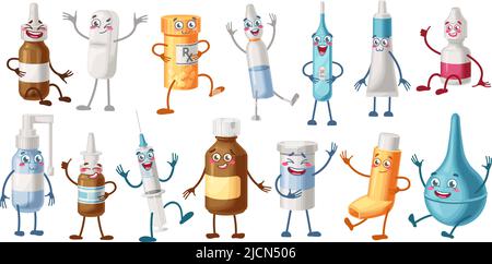 Cartoon medici personaggi. Pillole bottiglia mascotte, sorpreso siringa medica e farmaci felici. Compresse farmaceutiche cute Illustrazione Vettoriale
