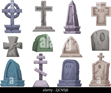 Tombe a cartoni animati. Lapide, lapide antica RIP e lapide gotica del monumento lapideo attraversa il set vettoriale Illustrazione Vettoriale