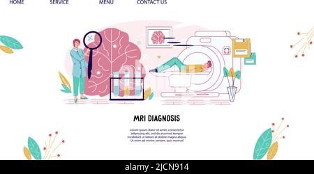 Esame medico del cervello, malattia del cervello e concetto di neurologia per sito web, illustrazione vettoriale piatta. Risonanza magnetica per risonanza magnetica per diagno Illustrazione Vettoriale