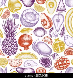 Fruits design di fondo senza cuciture. Stile inciso. Banane, pere, kiwi, ecc. sfilati a mano Illustrazione Vettoriale