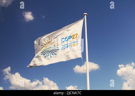 Brasile. 13th giugno 2022. In questa illustrazione della foto il logo 2022 della Conferenza delle Nazioni Unite sul cambiamento climatico COP27 visto su una bandiera. L'evento si terrà il 7-18 novembre 2022 a Sharm El-Sheikh, Egitto. L'evento COP27 della Conferenza delle Nazioni Unite sui cambiamenti climatici 2022 si terrà a Sharm El-Sheikh, Egitto, a partire dal 7-18 novembre 2022. (Credit Image: © Rafael Henrique/SOPA Images via ZUMA Press Wire) Foto Stock