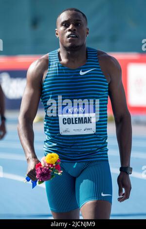 Christian Coleman (USA) vince i 100m uomini al Gran Premio di NYC 2022. Foto Stock