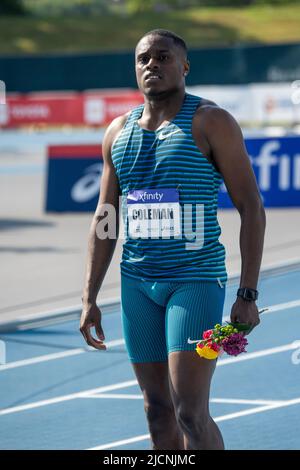 Christian Coleman (USA) vince i 100m uomini al Gran Premio di NYC 2022. Foto Stock