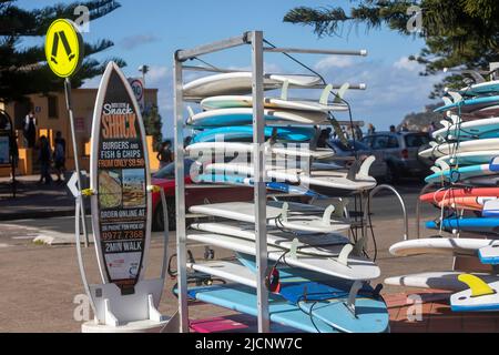 Negozio di surf a Manly Beach Sydney con tavole da surf a noleggio e un ristorante shack che serve cibo, Sydney, Australia Foto Stock