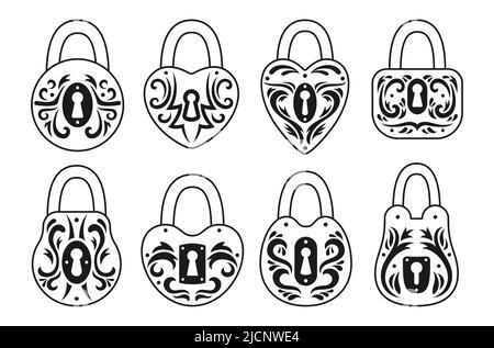 Blocca il set di icone vintage di varie forme. Vecchio lucchetto per la protezione di sicurezza elemento di design. Blocchi con simboli di accesso privato per logo, giochi, icone dell'interfaccia utente Web o app che bloccano la privacy o il vettore di crittografia Illustrazione Vettoriale