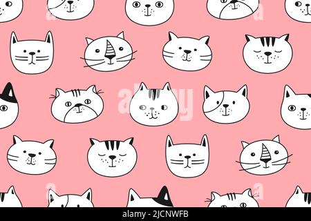 Modello Cat Head Emotion senza cuciture. Carino kitten kawaii volti infiniti scrapbook astratto. Divertente gatto bambino ripetere ornamento. Baby cartoon stampa modello carta da parati, imballaggio, tessuto stampa Illustrazione Vettoriale