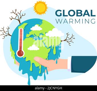 Illustrazione di stile di Cartoon di riscaldamento globale con pianeta Terra in uno stato di fusione o di masterizzazione e immagine Sole per prevenire danni alla natura e al cambiamento climatico Illustrazione Vettoriale