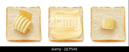 Fette quadrate di pane per sandwich o toast con ricci di burro o margarina arrotolata 3D isolato vettore set illustrazione realistica, vista dall'alto, cibo tradizionale per la colazione su sfondo bianco. Illustrazione Vettoriale