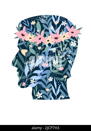 Fiori colorati in fiore, farfalle e piante verdi all'interno della testa maschile astratta. L'uomo cartoon con cura di sé sana abita benessere illustrazione vettoriale piatta. Accettazione, concetto di salute mentale Illustrazione Vettoriale