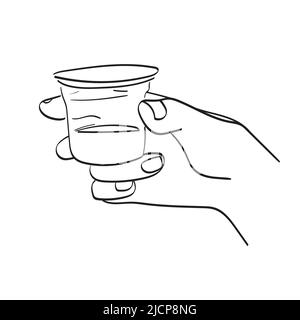 Line art closeup mano che tiene il vino per la Santa comunione illustrazione vettore disegnato a mano isolato su sfondo bianco Illustrazione Vettoriale