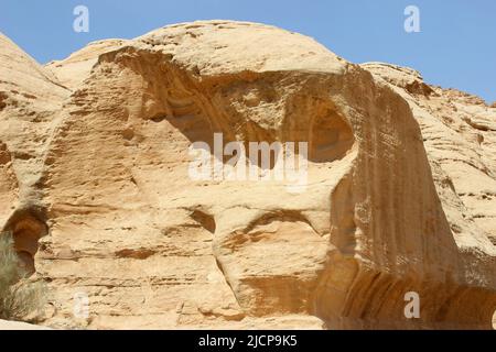 Pietra arenaria con intemperie a forma di teschio, Petra Jordan Foto Stock