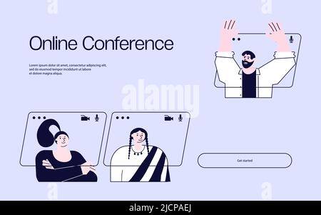 Modello di pagina Web di destinazione della conferenza virtuale sulla videochiamata. Persone diverse che hanno incontri online a casa loro. illustrazione piatta Foto Stock