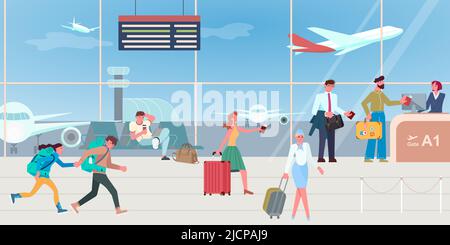 Interno della lounge dell'aeroporto. La gente va all'atterraggio dell'aereo. La giovane coppia è in ritardo e corre per cancello. Assegno per l'aeroporto di un dipendente femminile al momento dell'atterraggio dei biglietti. Piatto Foto Stock